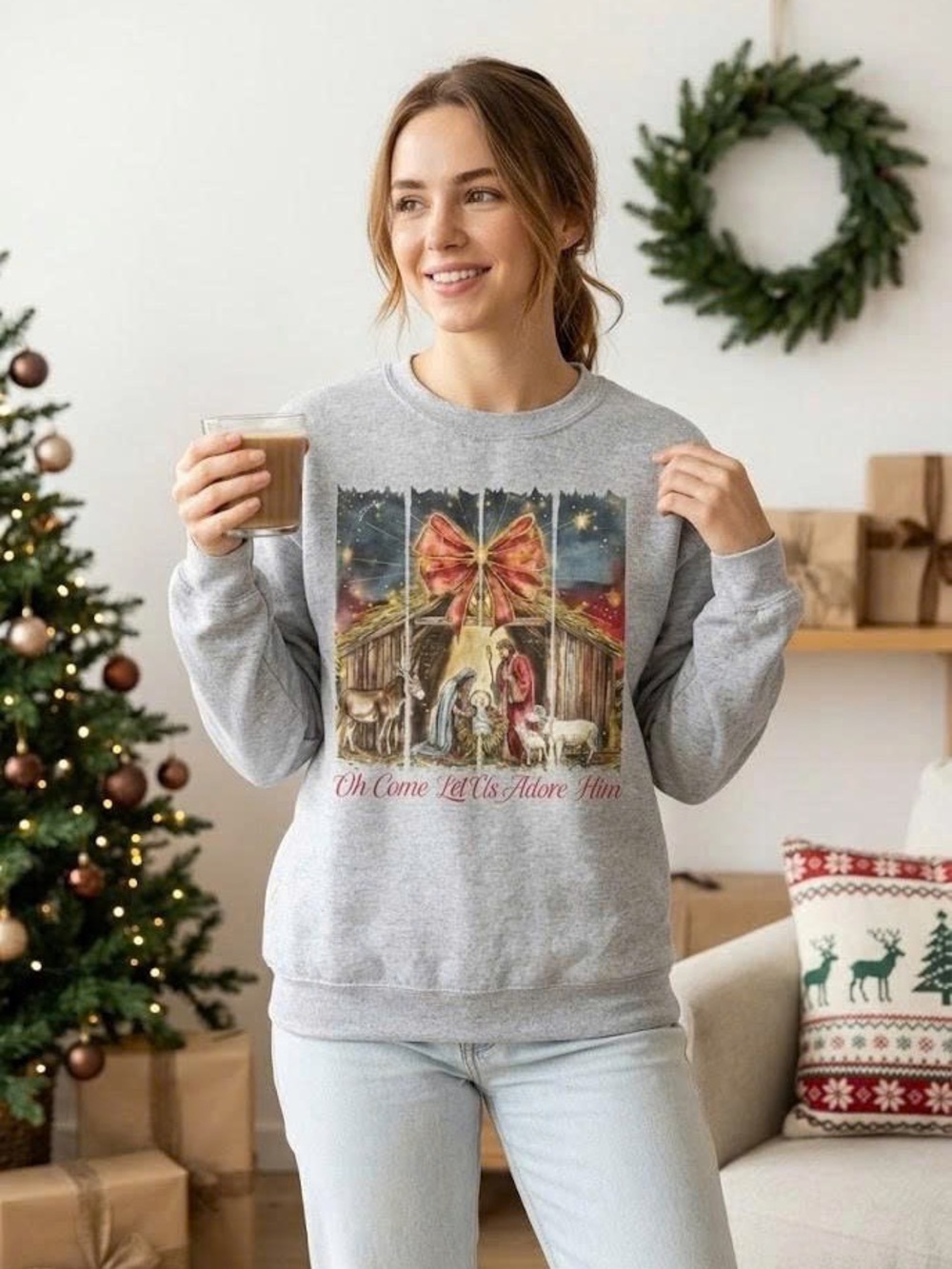 Oh Come Let Us Adore Him Sweatshirt Nativity Christmas Christian Crewneck